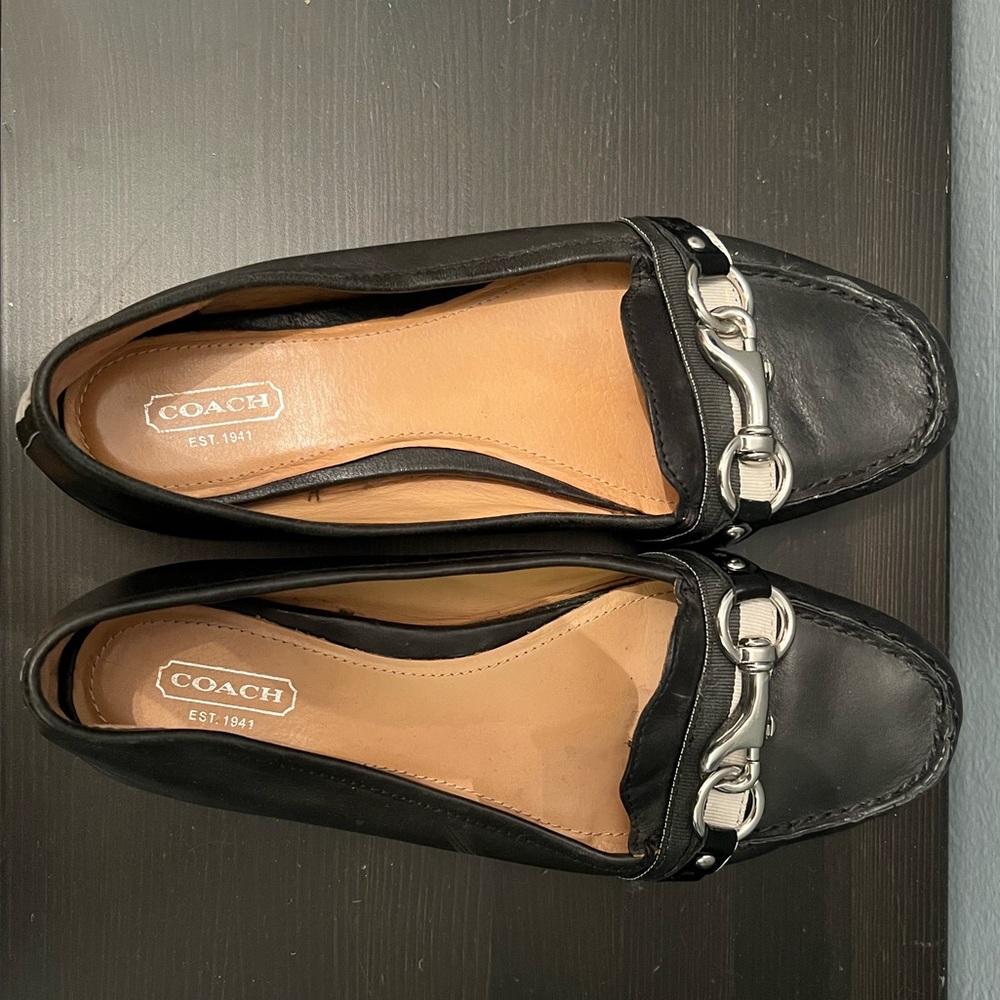 Coach black leather loafers with silver metal detail size 9.5